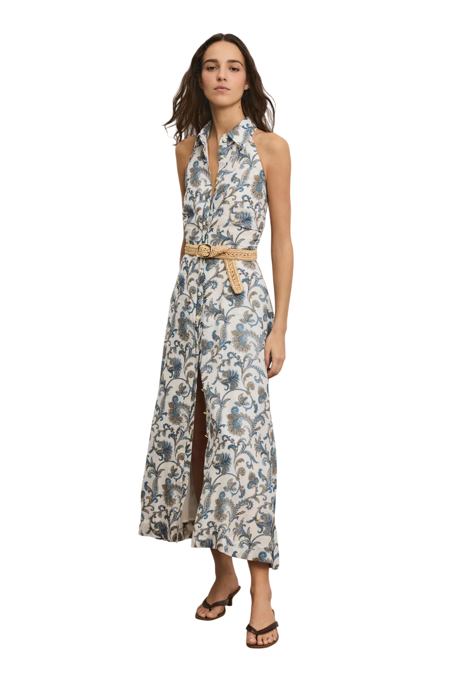 Mackey printed ramie midi dress in dove
