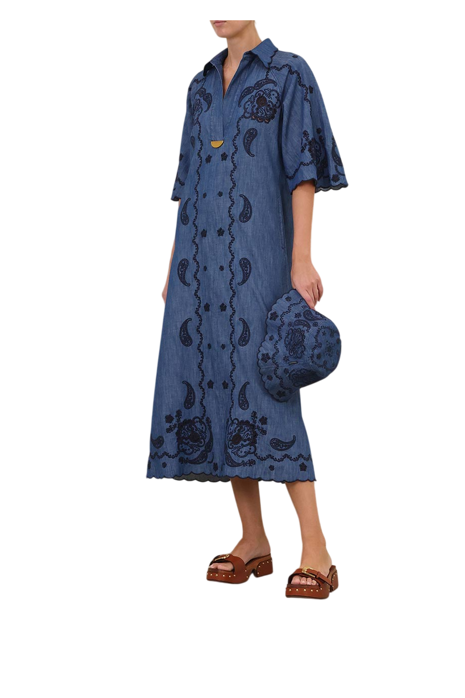 Aster embroidered denim midi dress in blue