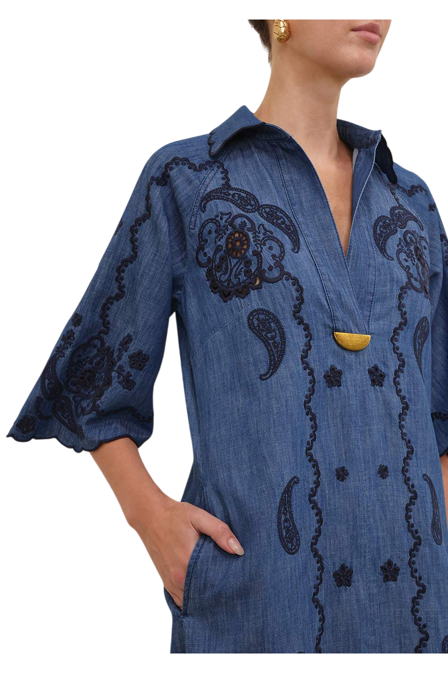 Aster embroidered denim midi dress in blue