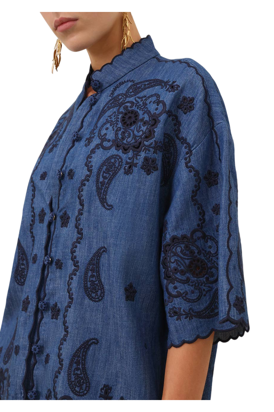 Aster embroidered denim midi dress in blue