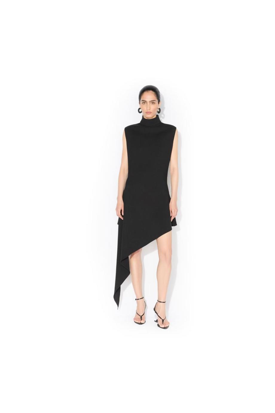 Asymmetric wool-garbardine mini dress in black