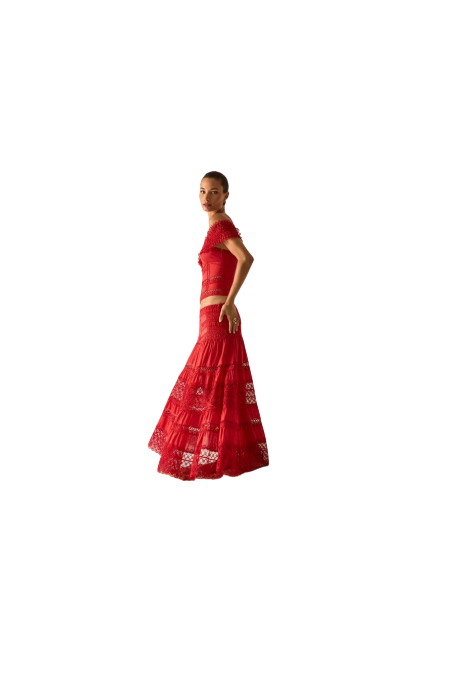 Elisette lace-trimmed cotton top in red