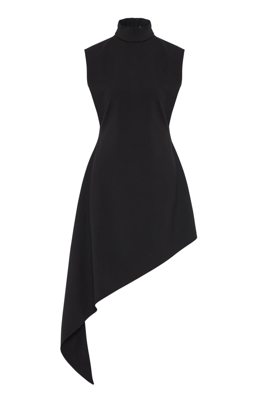 Asymmetric wool-garbardine mini dress in black