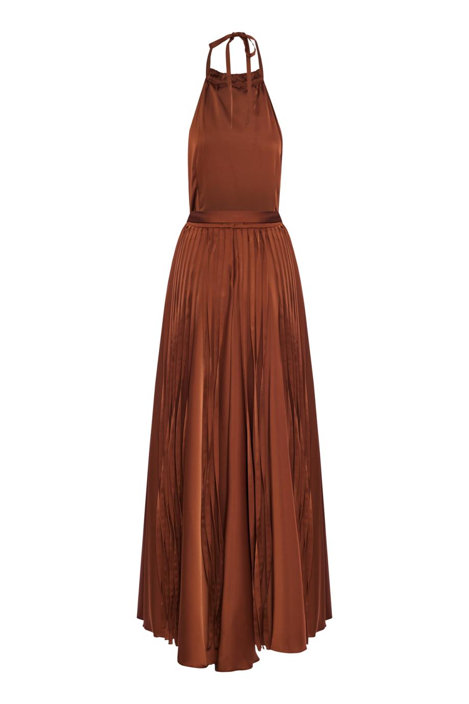 Georgia plisse satin maxi dress in chocolate