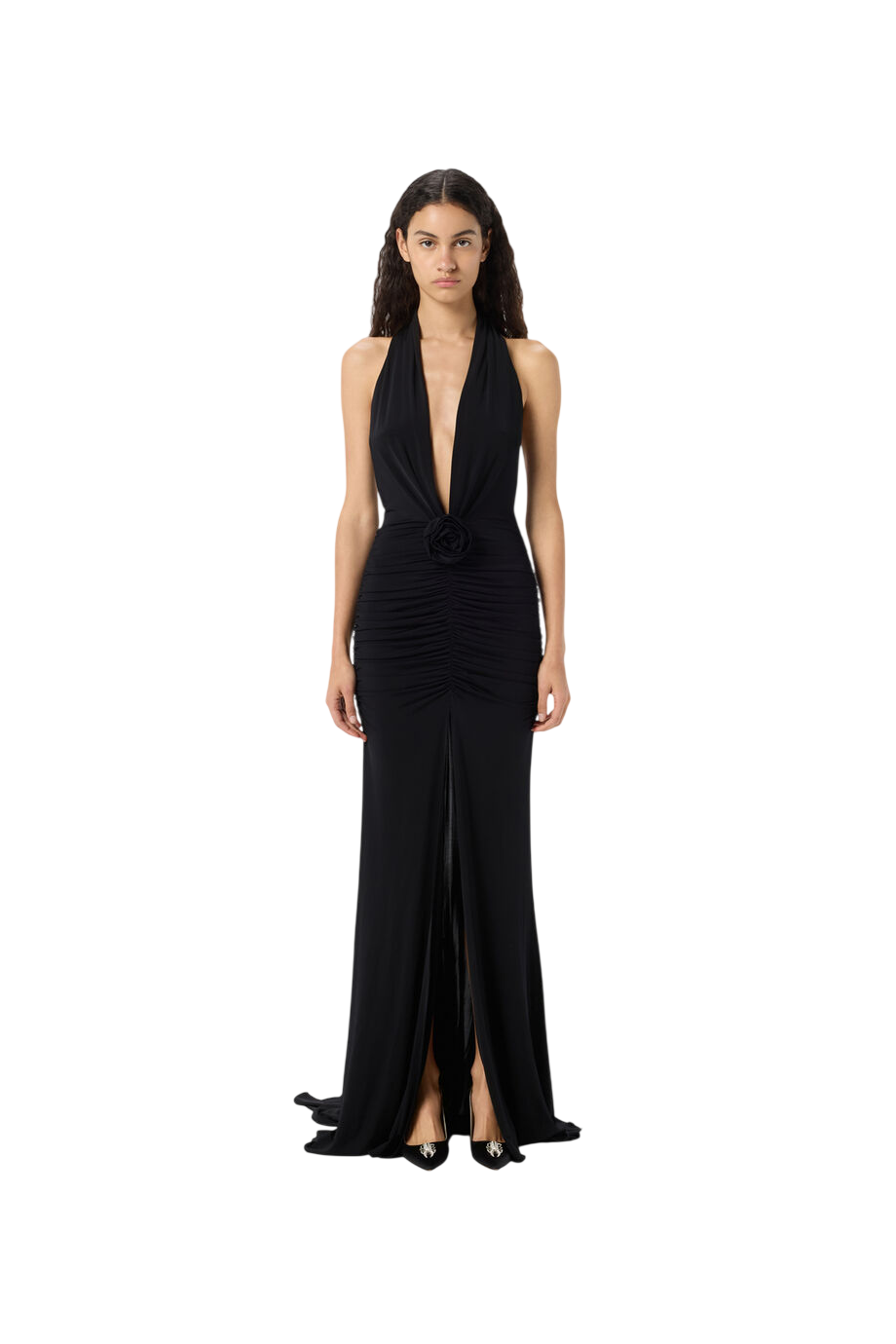 Ruched crepe strapless maxi dress in black