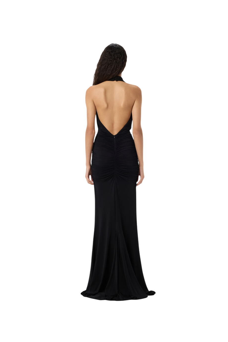 Ruched crepe strapless maxi dress in black