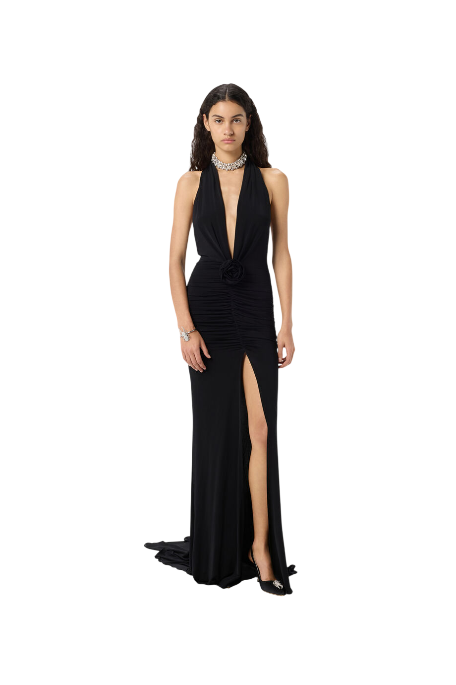Ruched crepe strapless maxi dress in black
