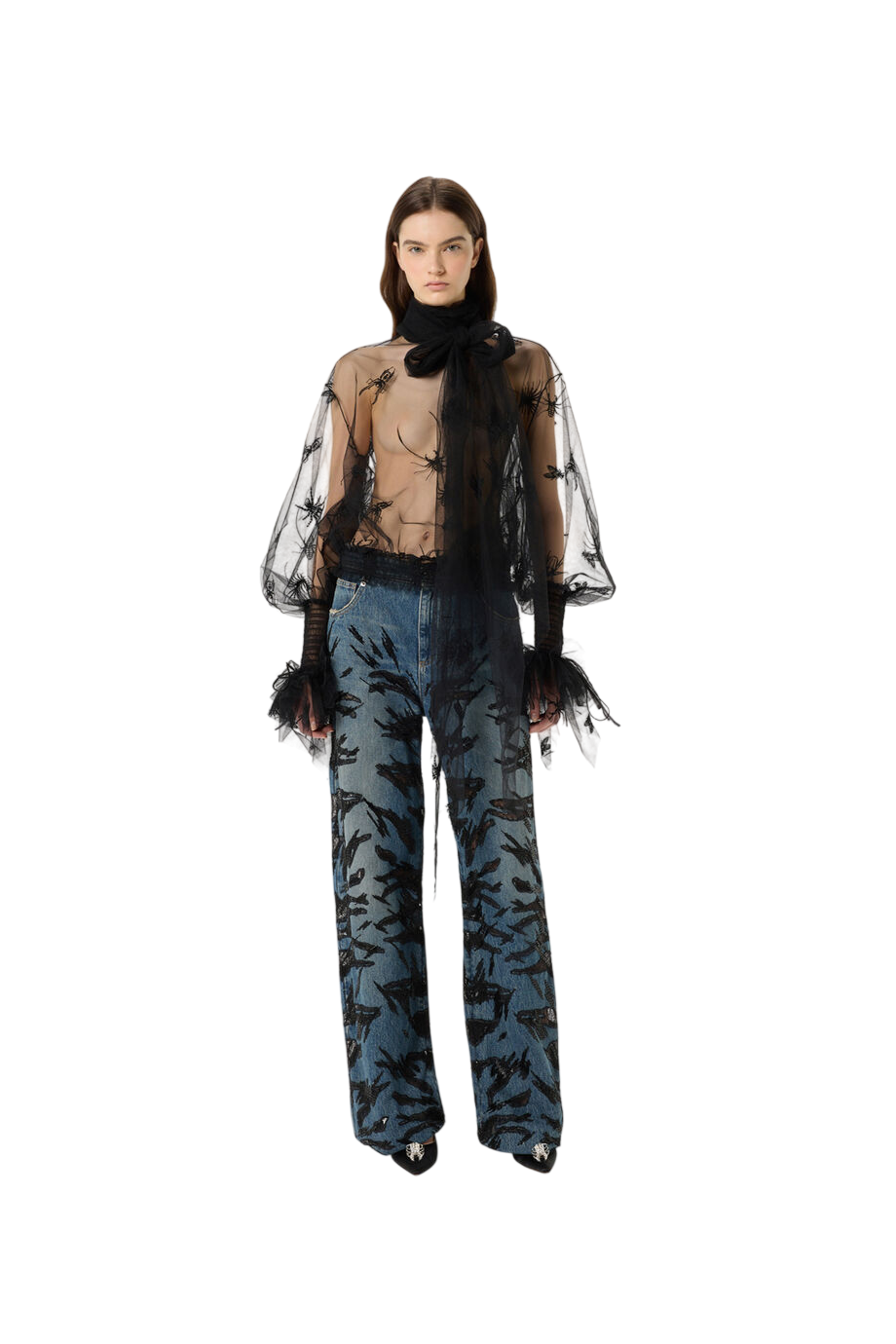 Embroidered denim jeans in ice blue
