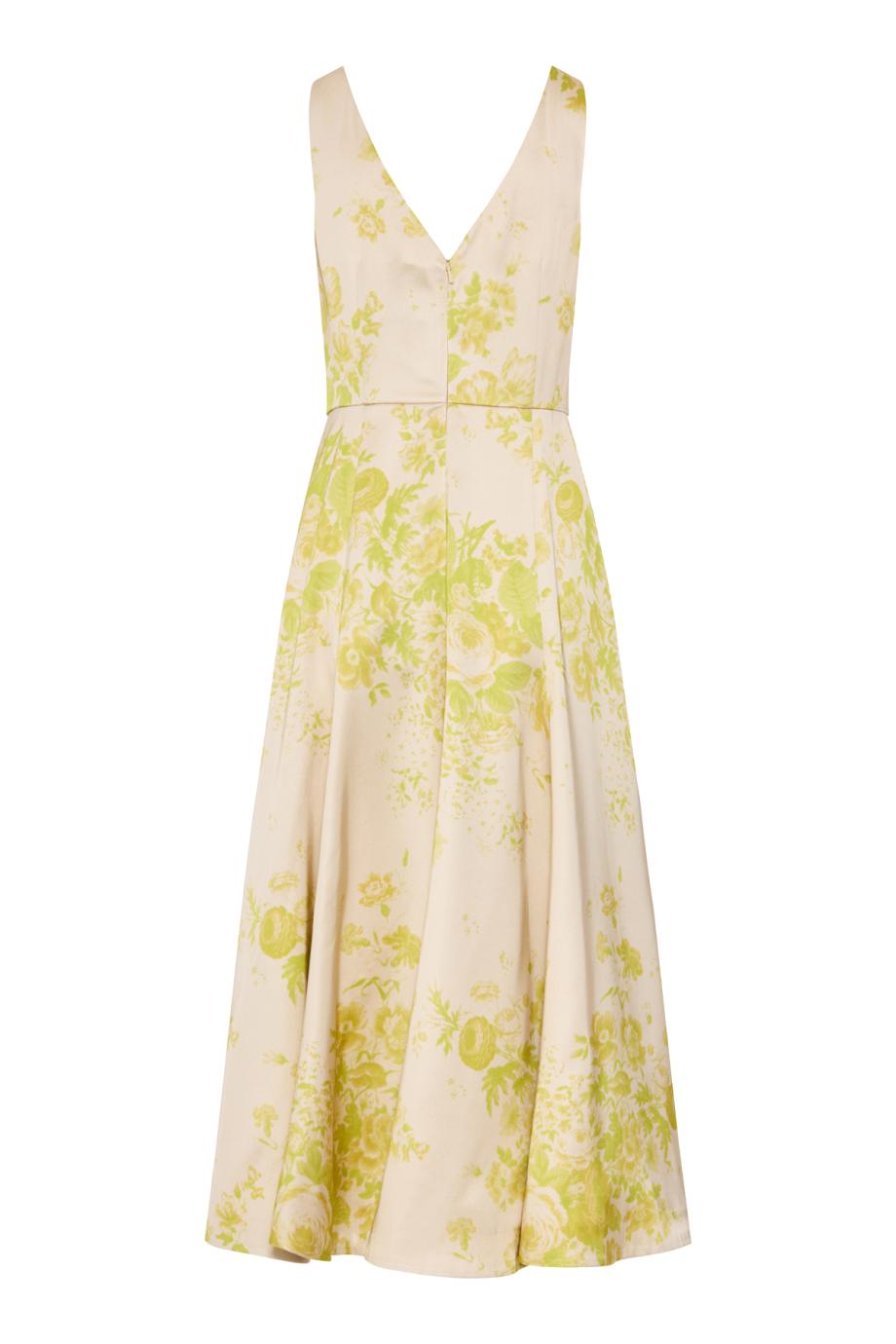 Printed duchesse-satin midi dress in chartreuse