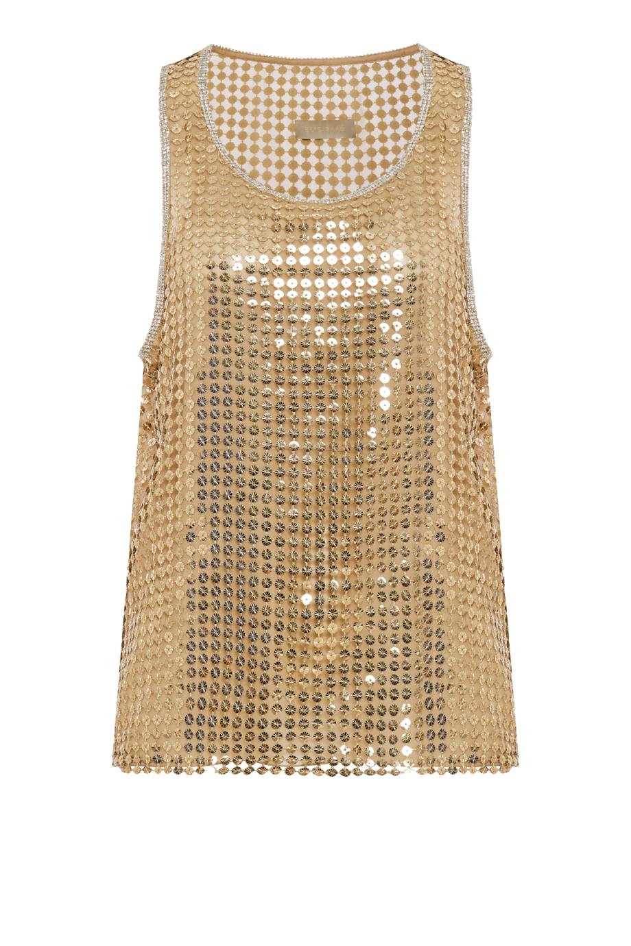 Sequined mesh tank in gold