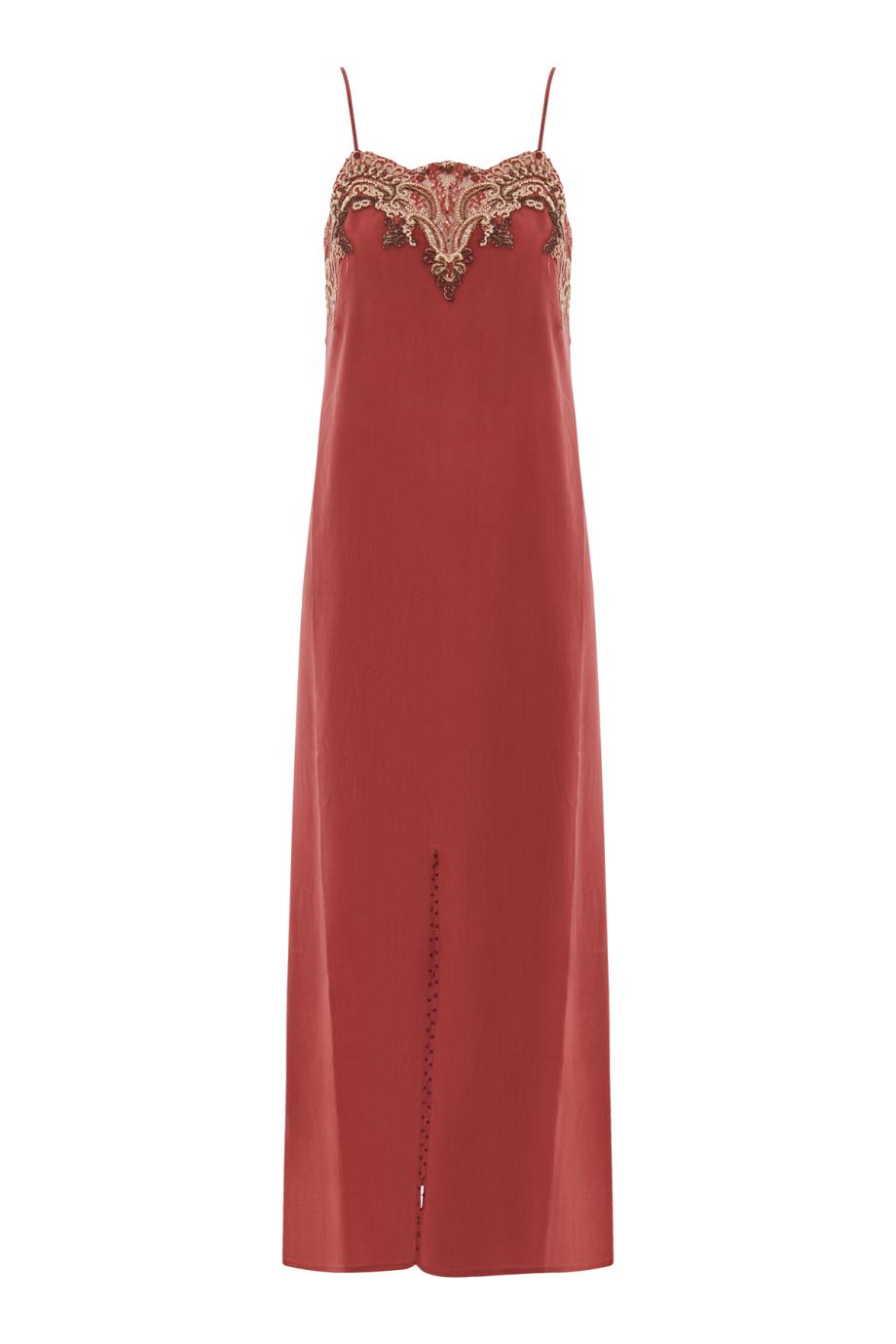 Brianne embroidered silk midi dress in ruby 