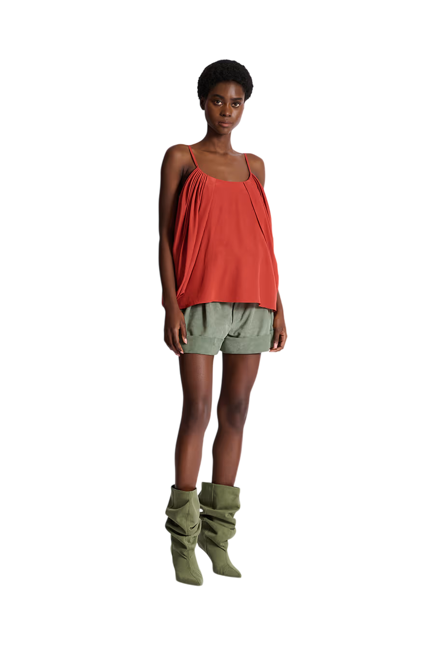 Draped silk crepe top in rouge ochre