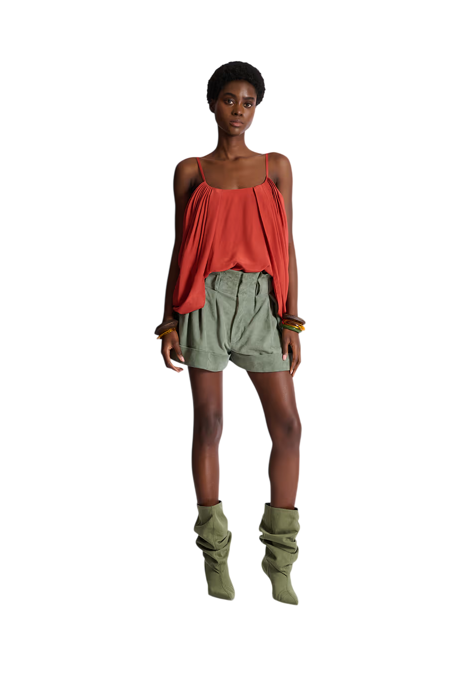 Draped silk crepe top in rouge ochre
