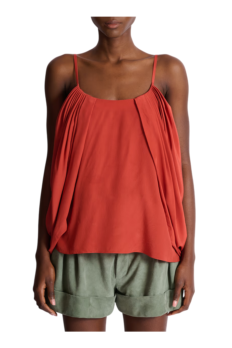 Draped silk crepe top in rouge ochre