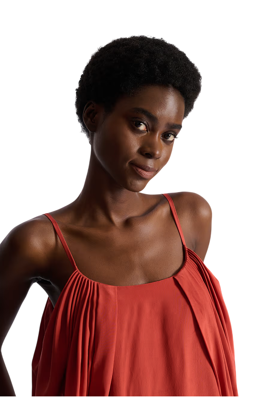 Draped silk crepe top in rouge ochre