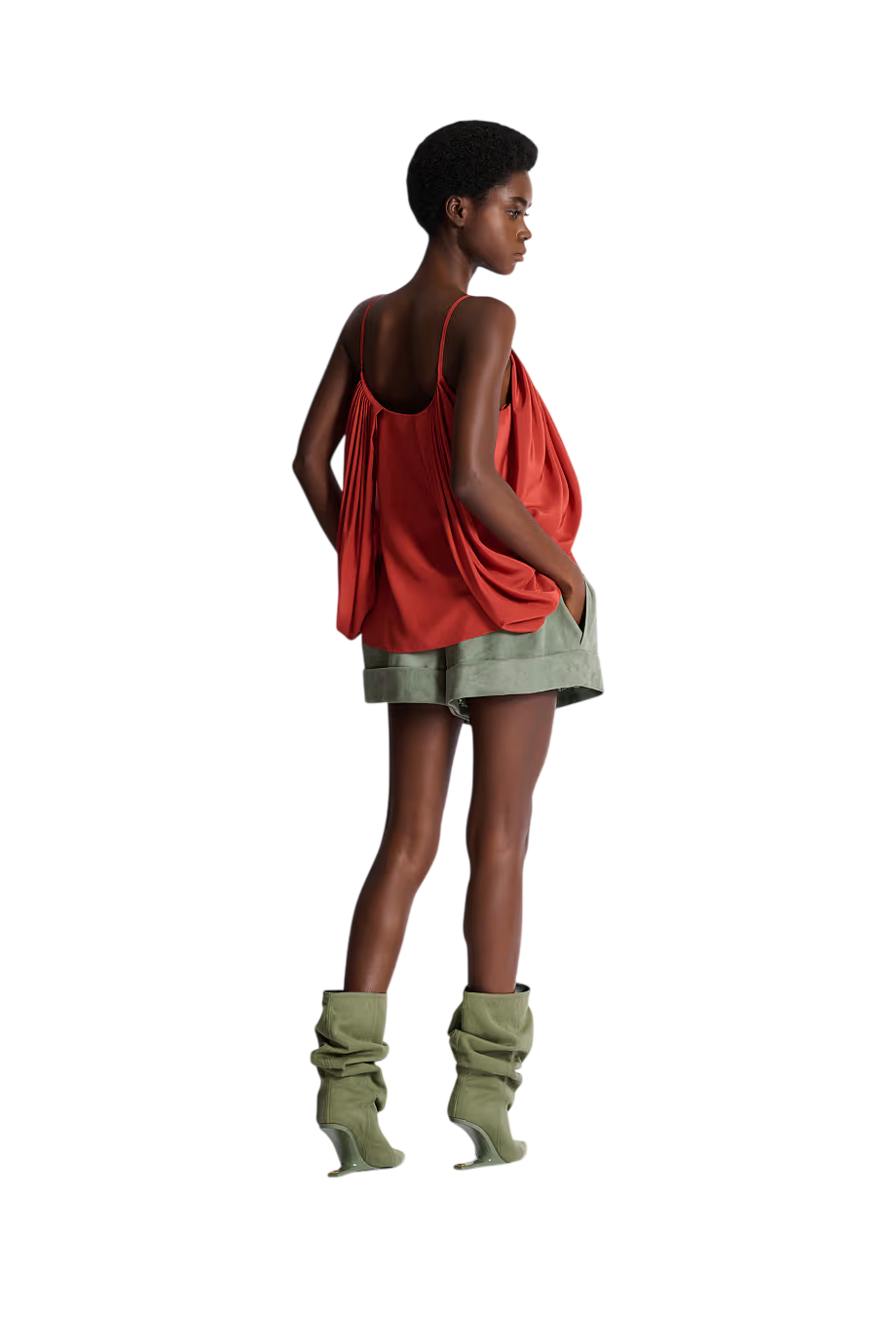 Draped silk crepe top in rouge ochre