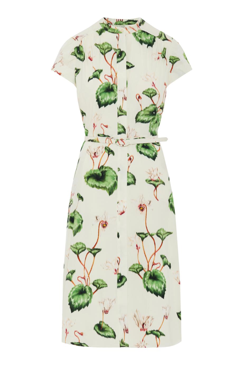Chiné Cyclamen Cotton Poplin Cap Sleeve midi Dress in ivory