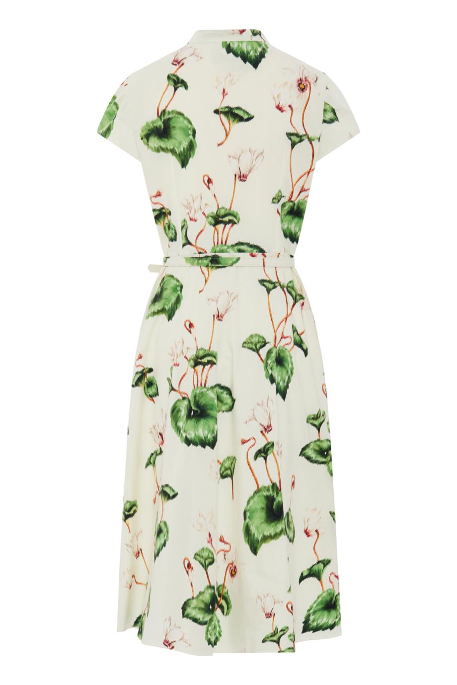 Chiné Cyclamen Cotton Poplin Cap Sleeve midi Dress in ivory