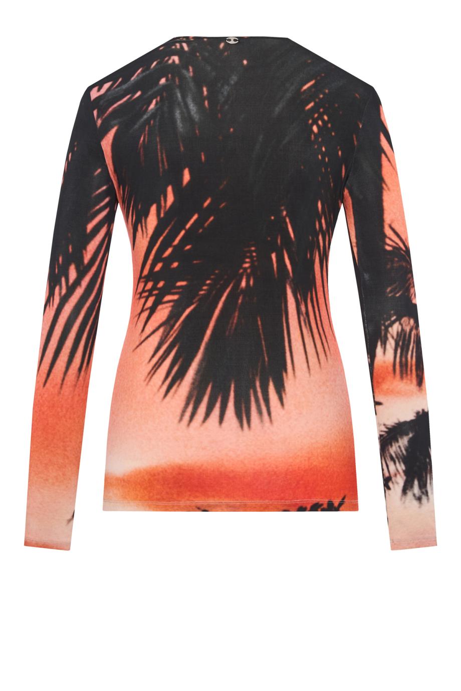 Long-Sleeved Top in Thunderstorm-Printed Second-Skin Jersey in orange