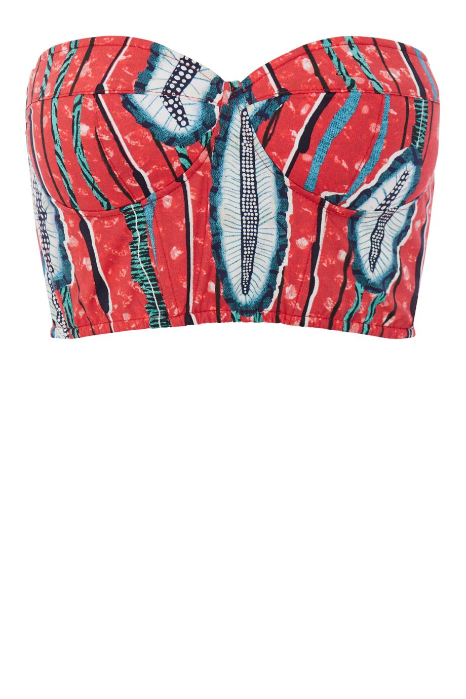 Cropped cotton-blend printed bustier top in red 