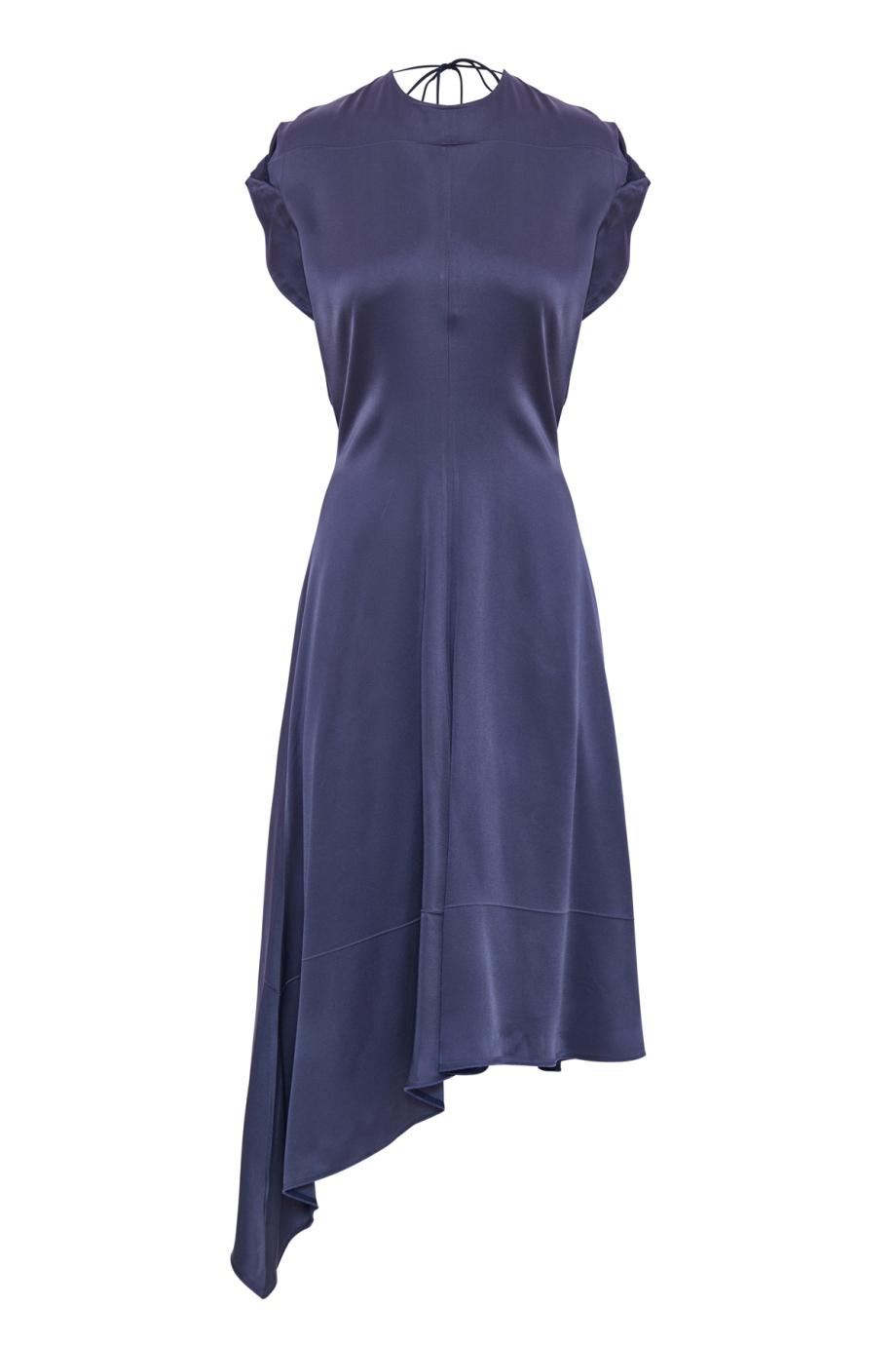 Asymmetric satin midi dress in eclipse