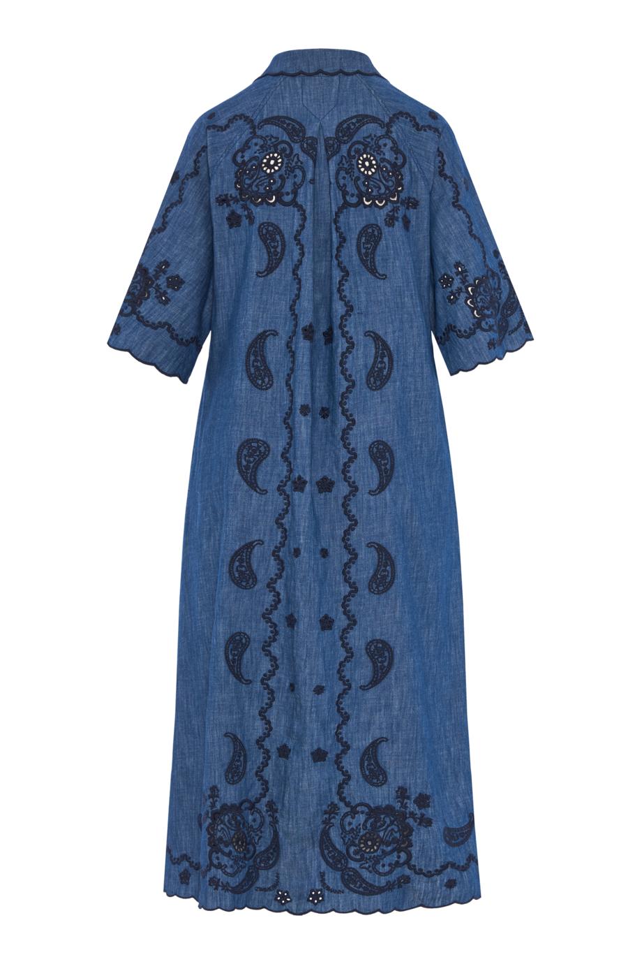 Aster embroidered denim midi dress in blue