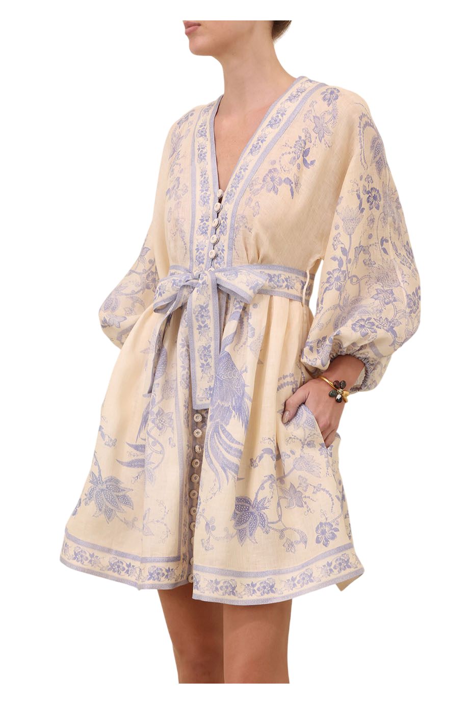 Indra printed linen mini dress in lilac floral