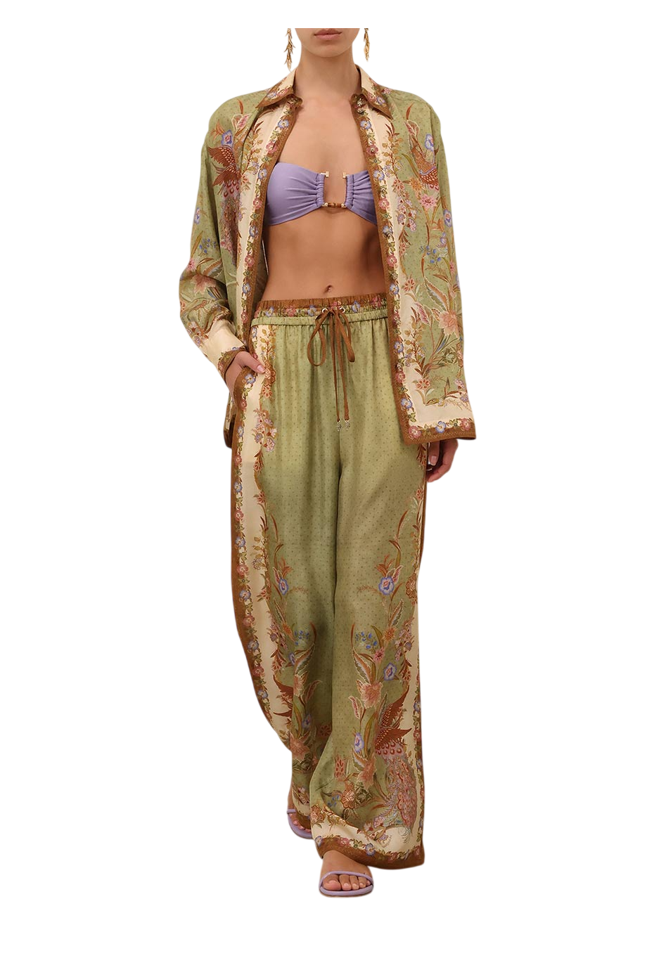 Indra printed silk pants in khaki