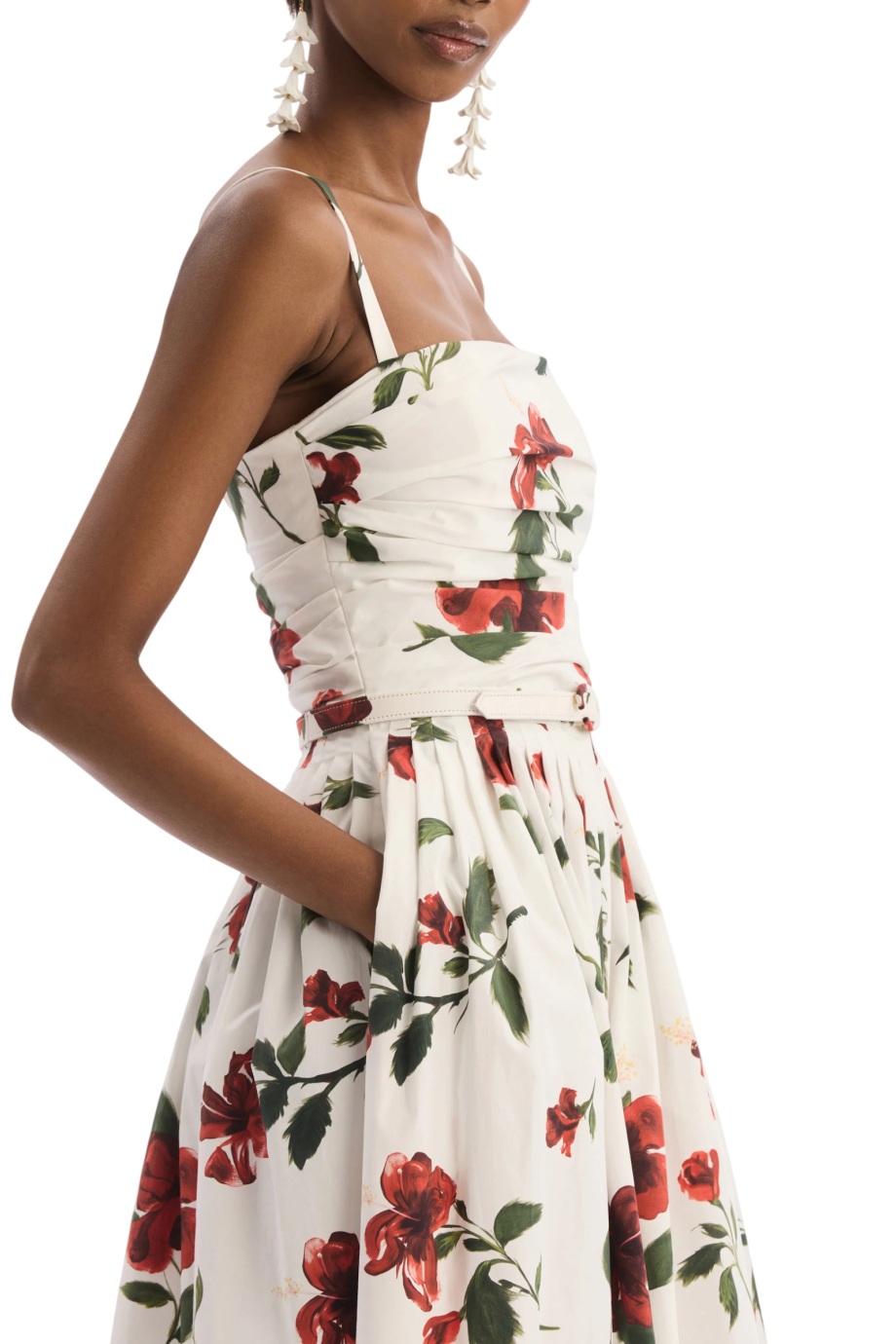 Hibiscus Poplin Cotton midi dress in red