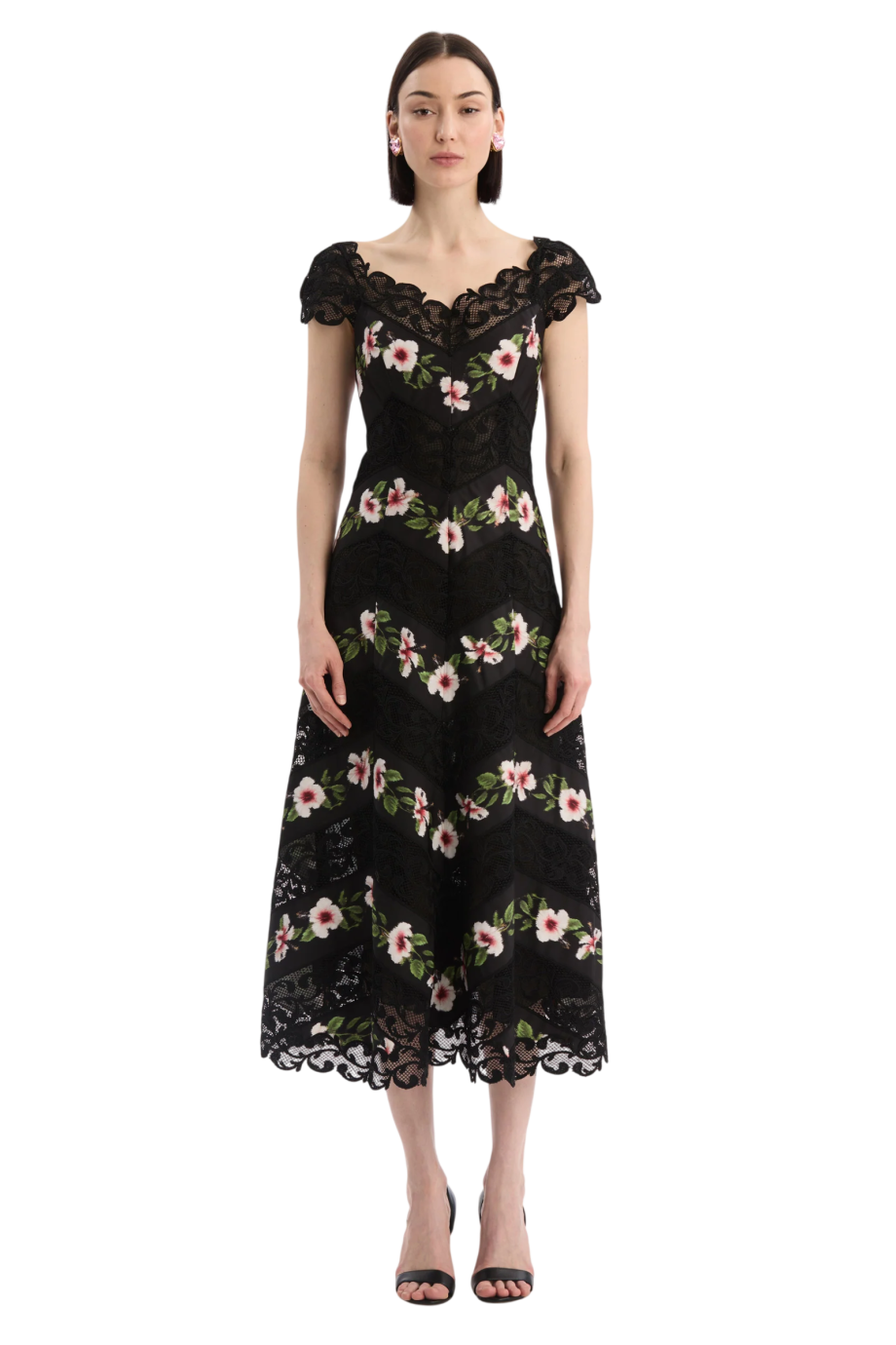 Chine Hibiscus Striped faille midi dress in black