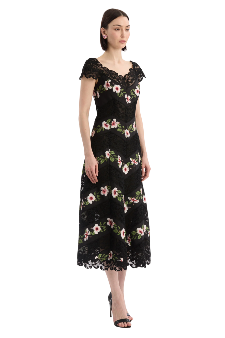 Chine Hibiscus Striped faille midi dress in black
