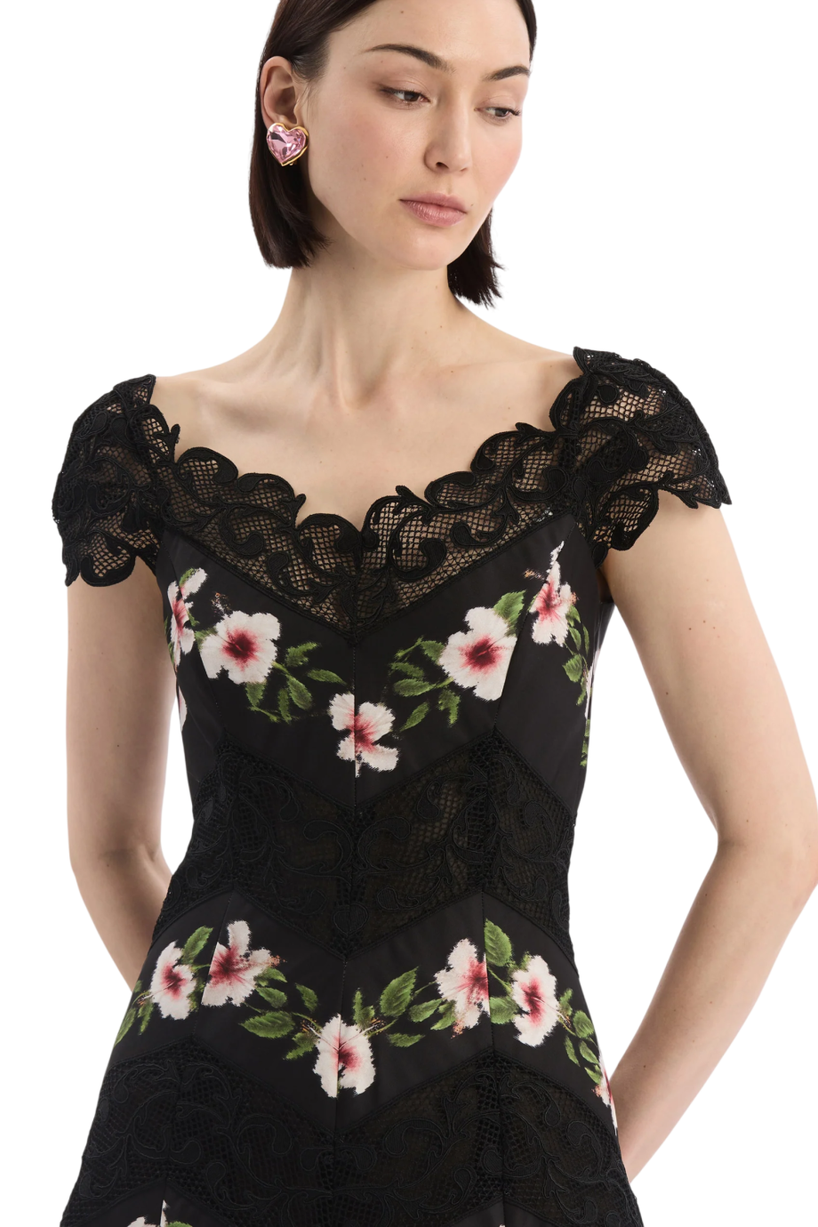 Chine Hibiscus Striped faille midi dress in black