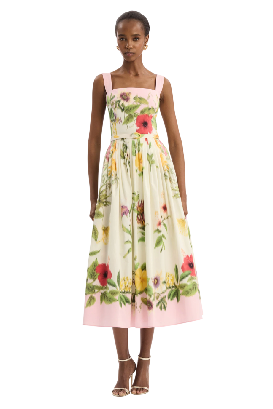 Floral printed cotton midi dress in pink