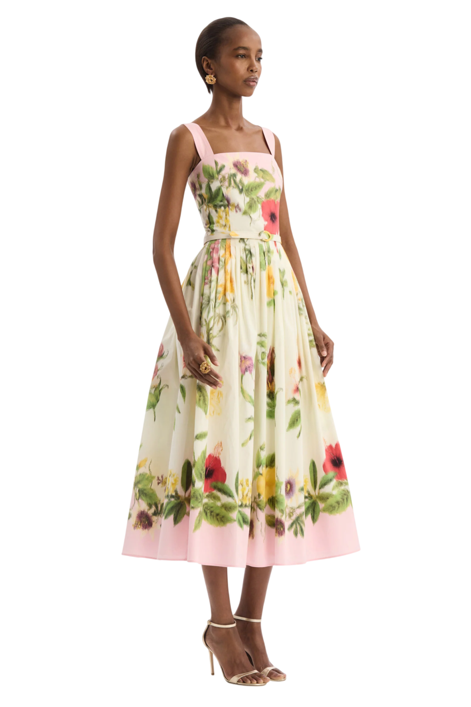 Floral printed cotton midi dress in pink