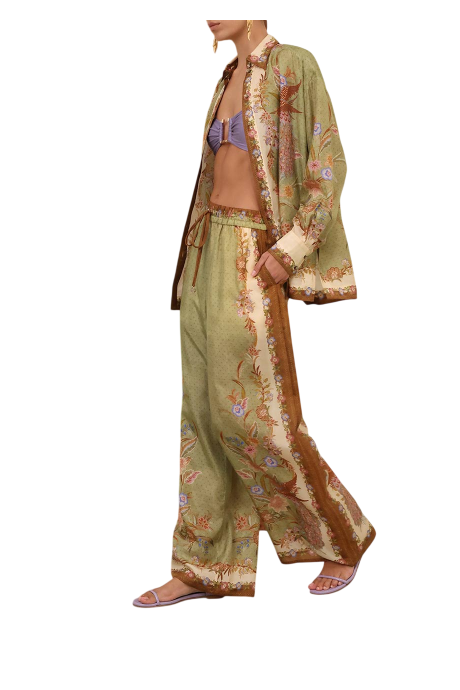 Indra printed silk pants in khaki
