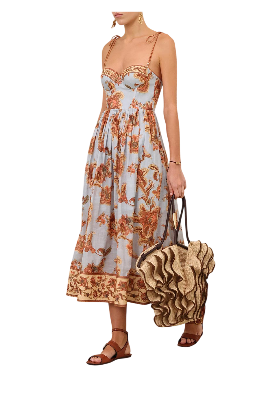 Aster Cosret printed corset cotton jacobean midi dress in blue