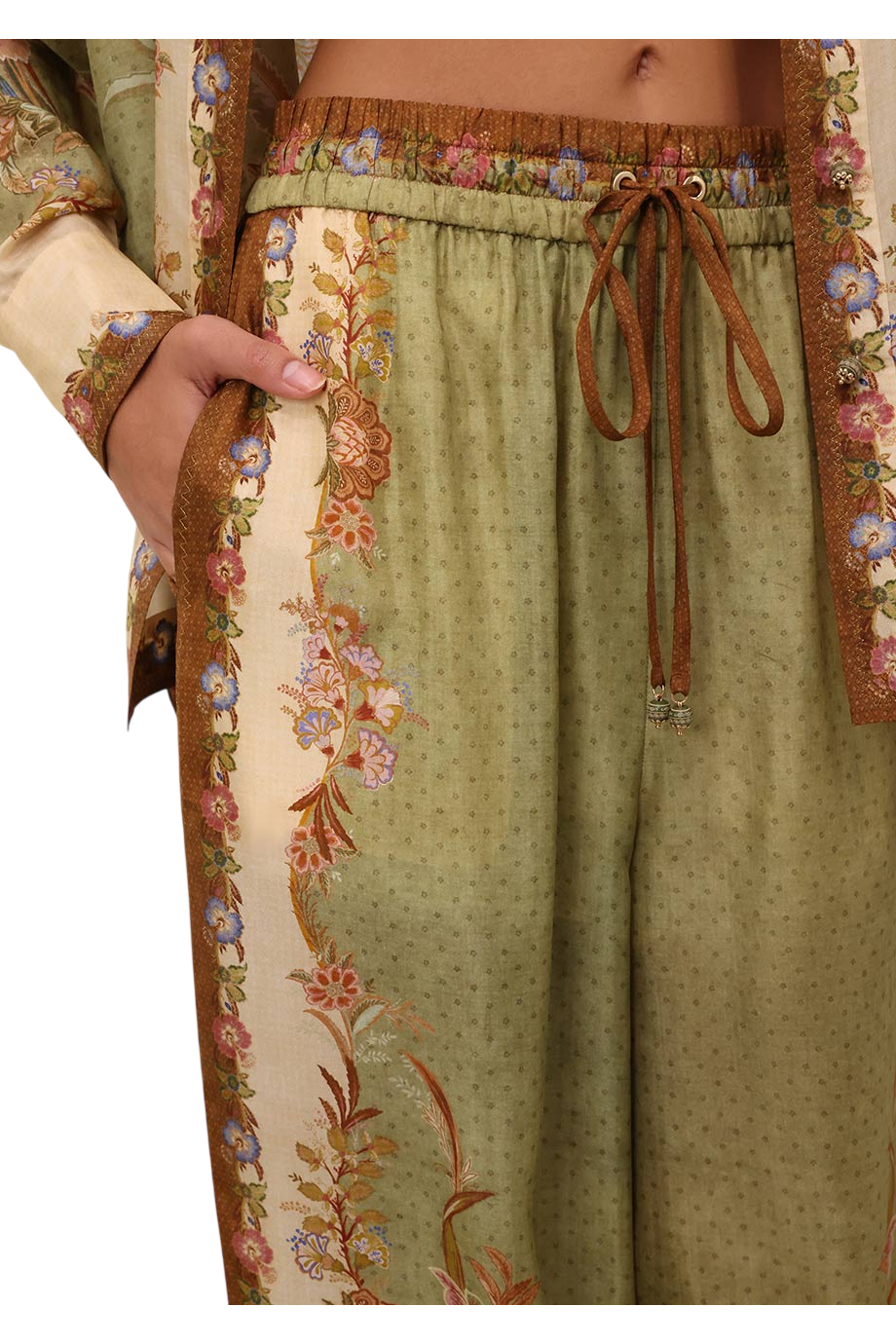 Indra printed silk pants in khaki