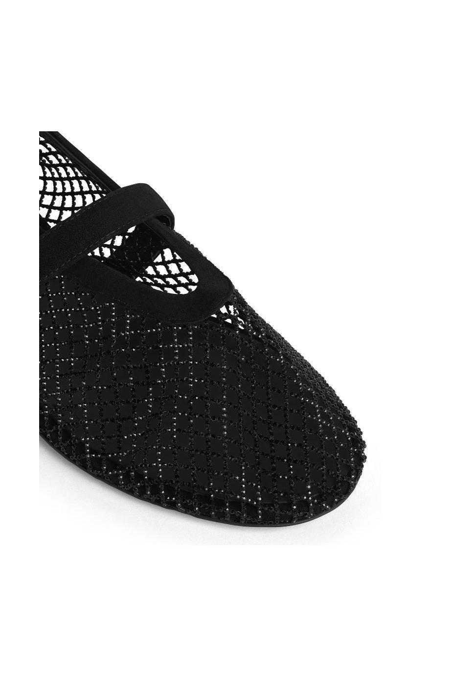 Embellished suede-fishnet flats in black