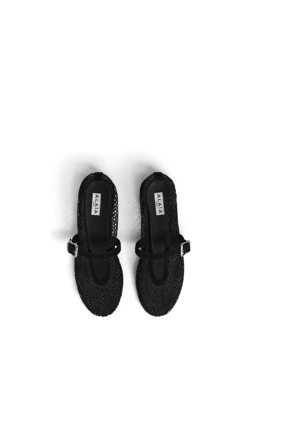 Embellished suede-fishnet flats in black