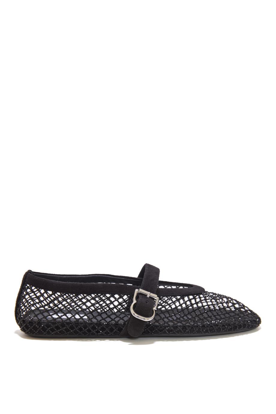 Ballet suede-fishnet flats-strass in black