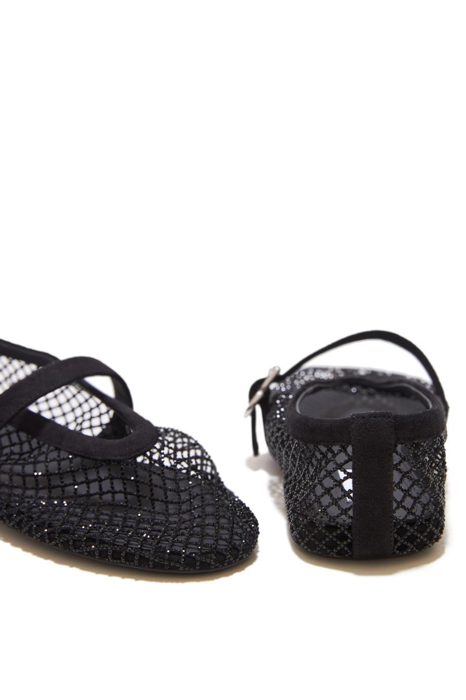 Ballet suede-fishnet flats-strass in black