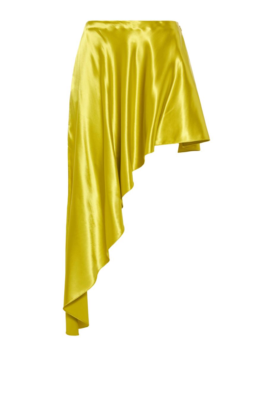 Asymetric pointed satin mini skirt in lime