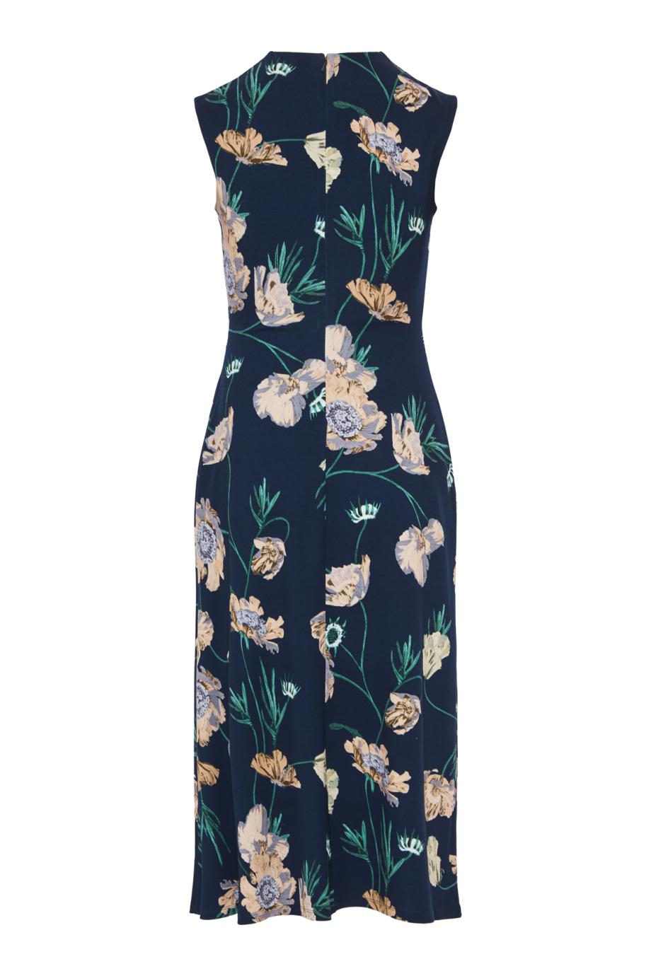 Printed crepe midi dress in navy 