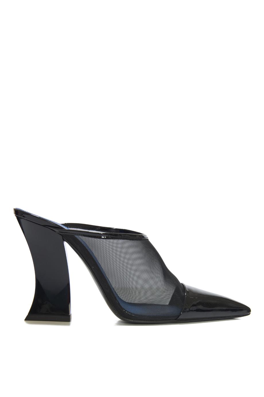 Resille 100 mesh and patent-leather mules in black