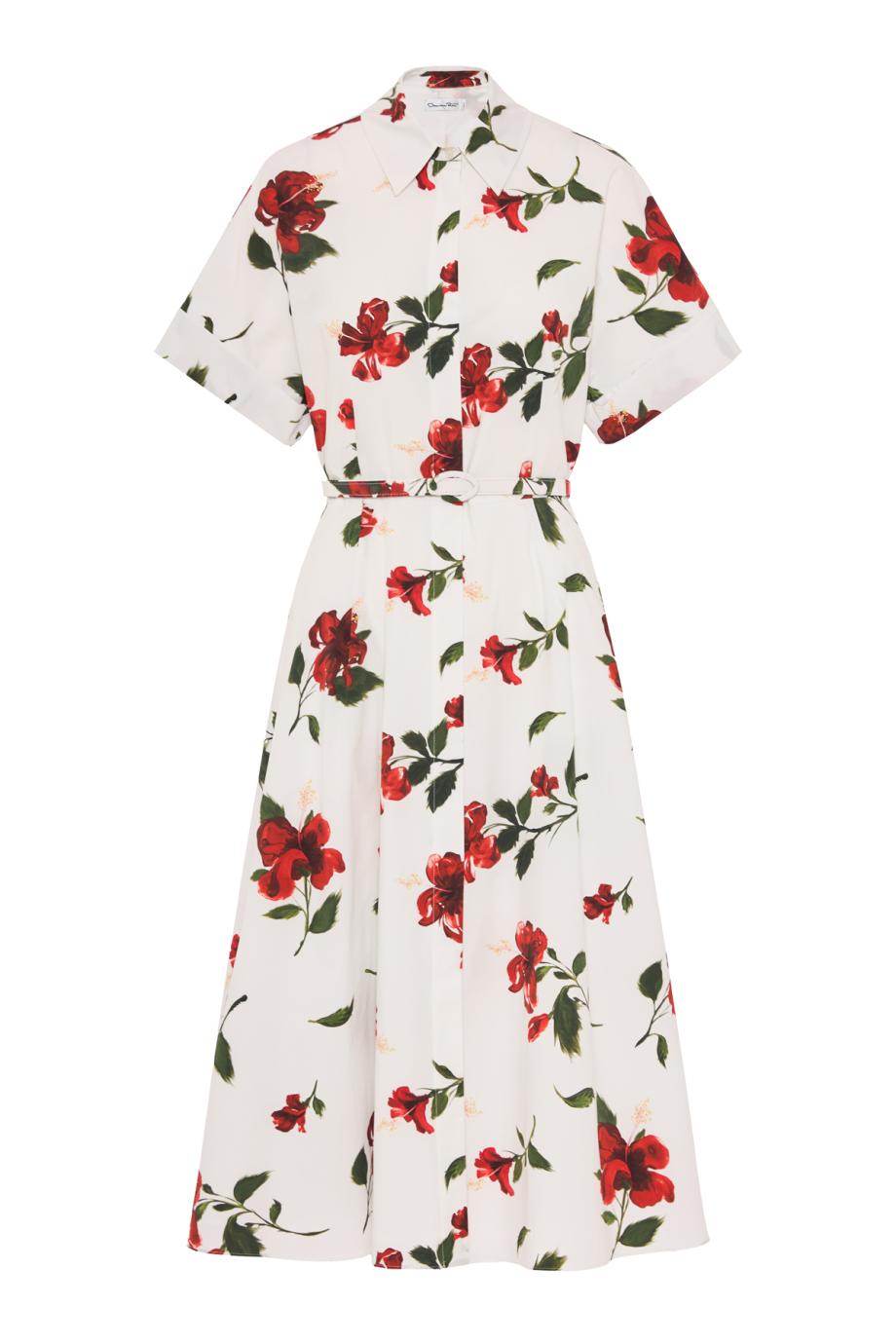 Hibiscus printed cotton midi dress in red