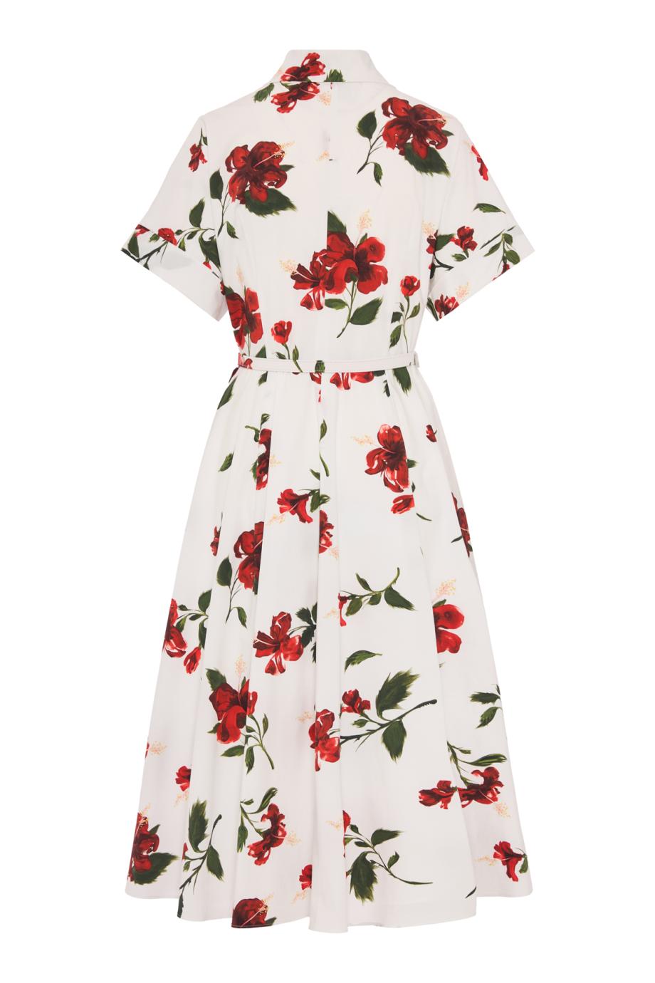 Hibiscus printed cotton midi dress in red