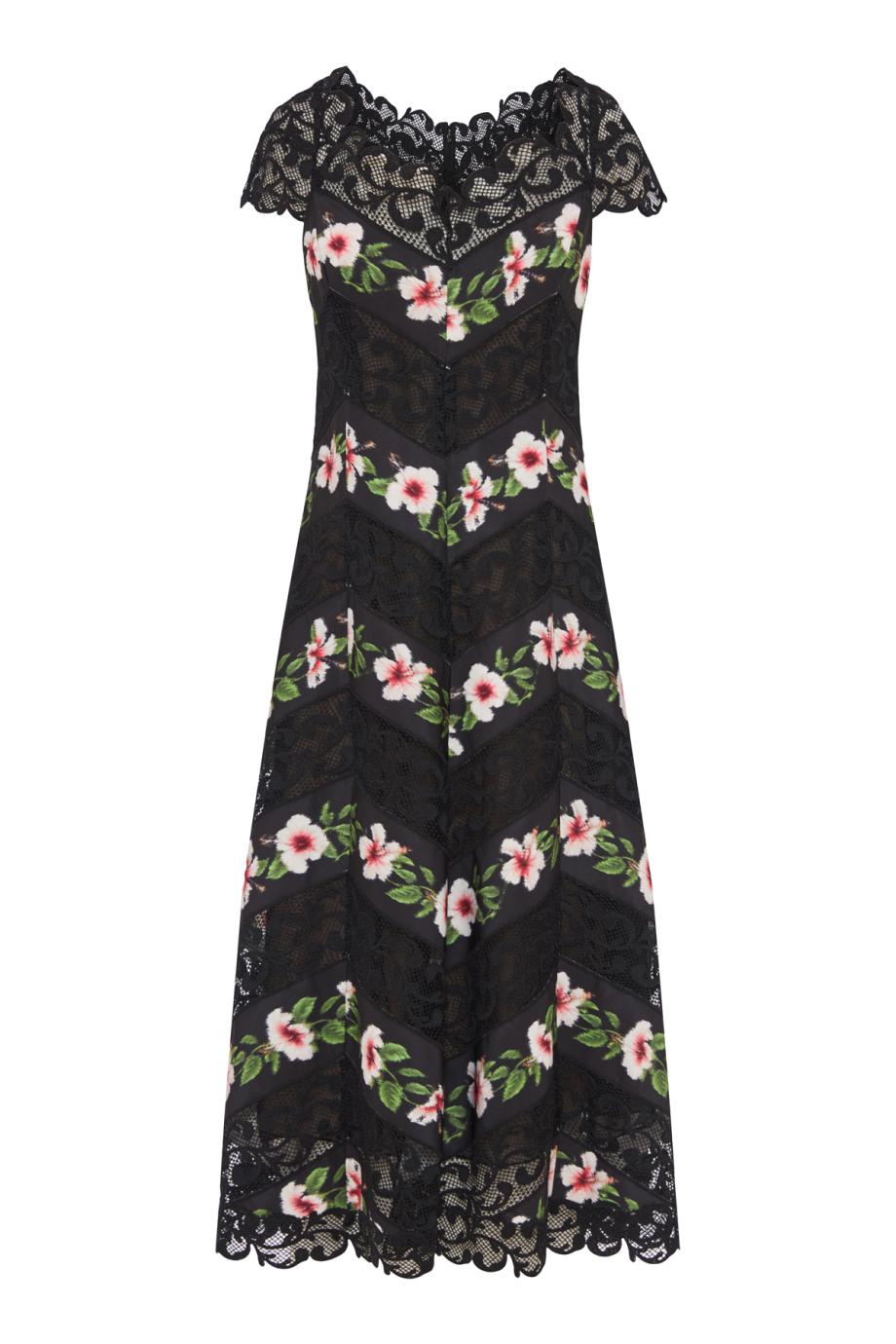 Chine Hibiscus Striped faille midi dress in black