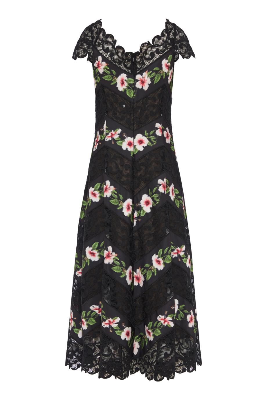 Chine Hibiscus Striped faille midi dress in black