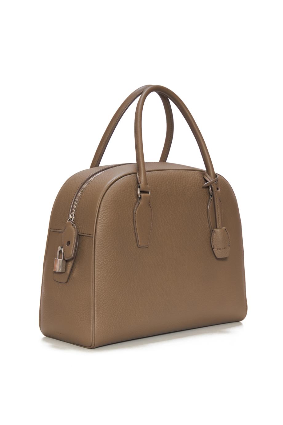India 12 leather bowling tote bag in smoked taupe