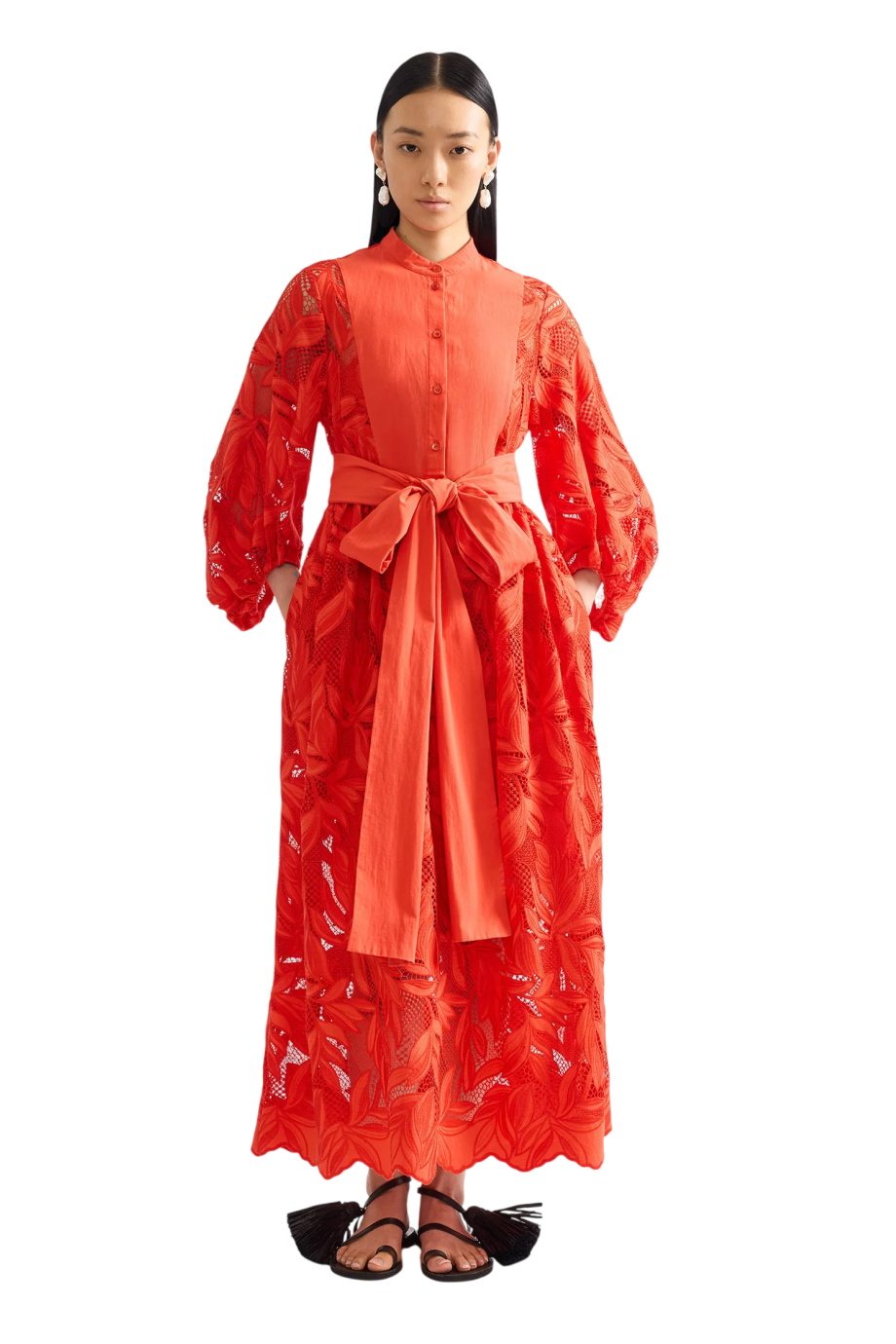 Lace midi dress in sunset orange